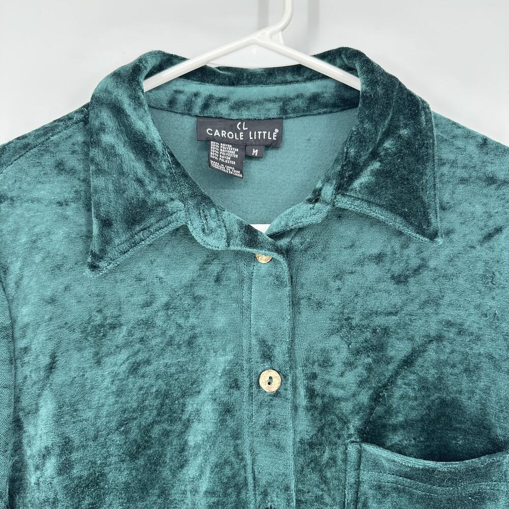 Carole Little Shirt Womens Medium Green Velvet Velour Button Front Long Sleeve - Picture 3 of 11